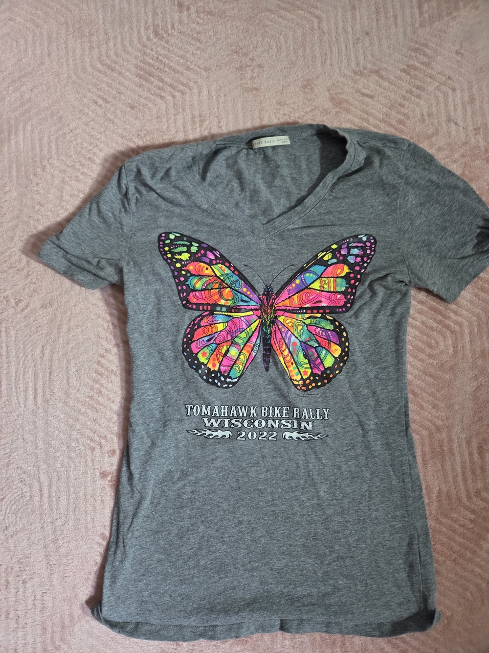Active Basic Gray Short Sleeve Tee with Multicolor Butterfly Graphic